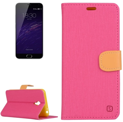Θήκη δέρματος με υφή τζιν, οριζόντιο άνοιγμα, μονόχρωμη, με βάση & θήκες για κάρτες & πορτοφόλι για Meizu M2 Note (Ματζέντα)