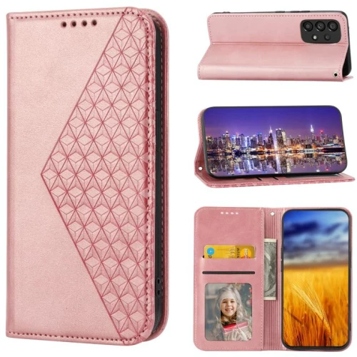 Για Samsung Galaxy A33 5G Cubic Grid Calf υφή μαγνητικό κλείσιμο δερμάτινη θήκη τηλεφώνου (Ροζ Χρυσό)