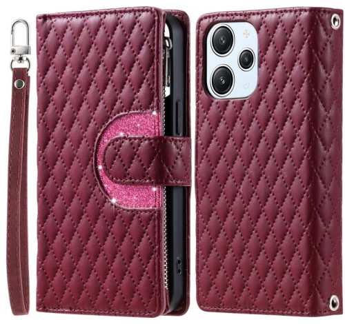 Για Xiaomi Redmi 13 4G Glitter πλέγμα φερμουάρ πορτοφόλι δερμάτινη θήκη τηλεφώνου (Μπορντό)