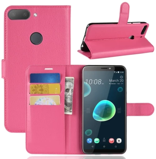Θήκη δέρματος οριζόντιας αναδίπλωσης με υφή Litchi για HTC Desire 12+ με πορτοφόλι & βάση & υποδοχές καρτών (Ροζ Κόκκινο)