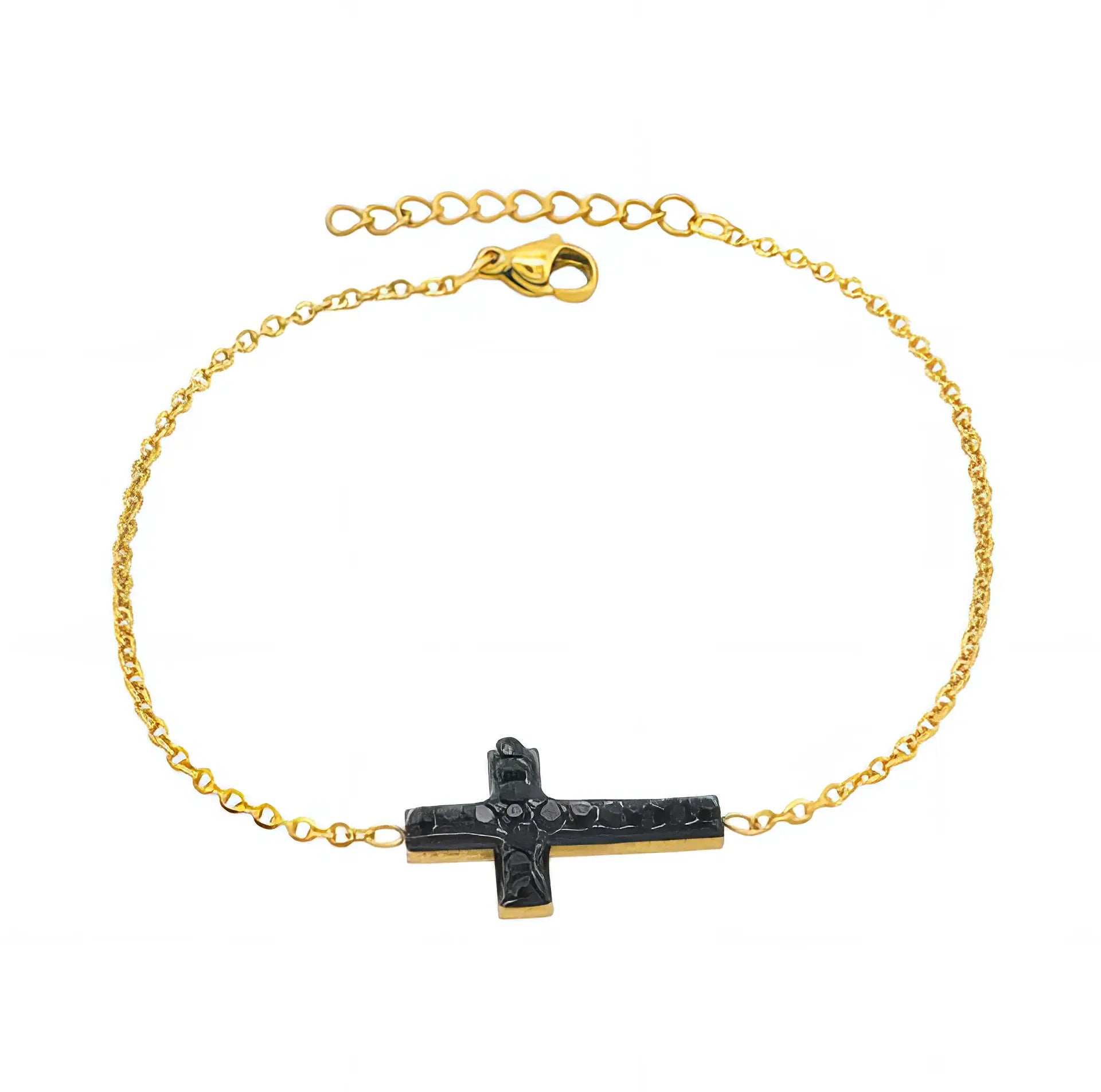 Ατσάλινο βραχιόλι με σταυρό & μαύρες πέτρες (B3483)