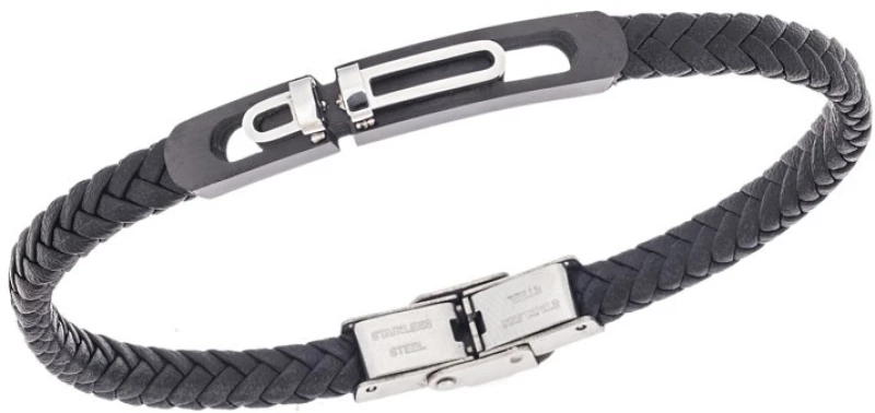 Βραχιόλι Senza Men`s Steel, Black Leather Strap, με δίχρωμο σχέδιο SSD5805SBK