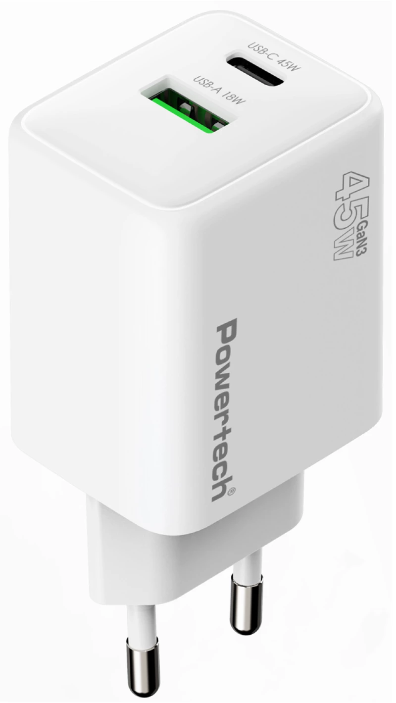 POWERTECH φορτιστής τοίχου PT-1551, USB/USB-C, 45W, GaN, AVS, λευκός