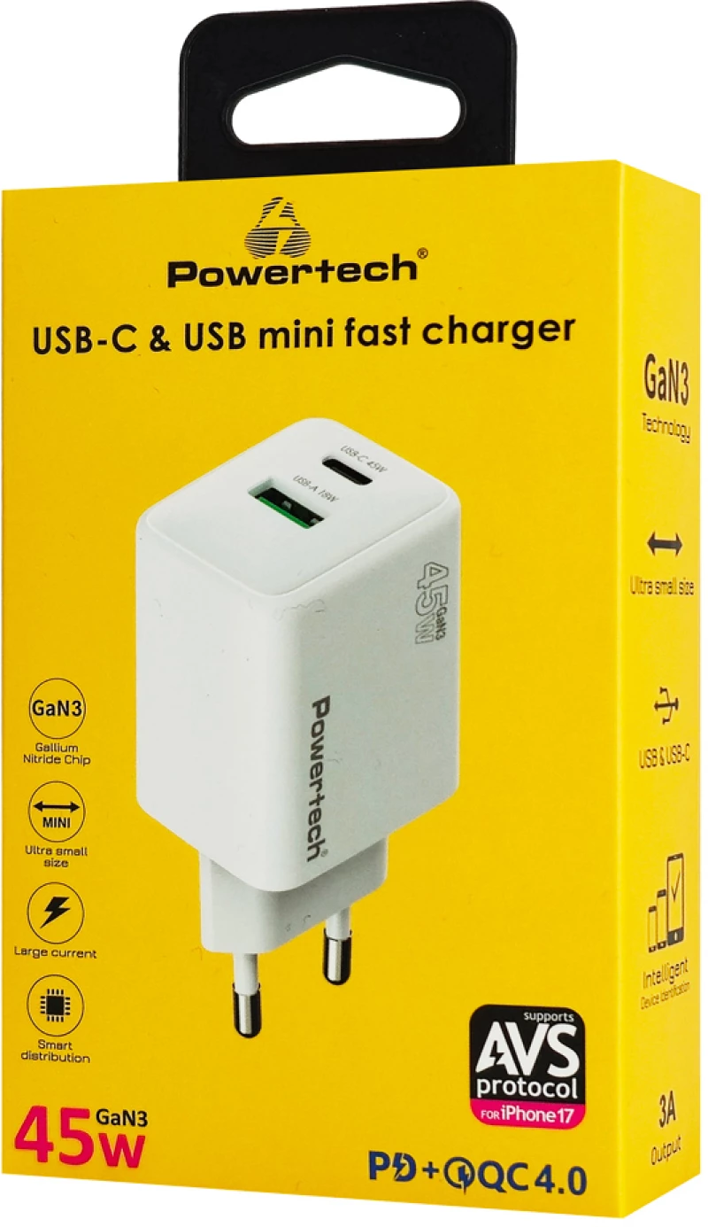 POWERTECH φορτιστής τοίχου PT-1551, USB/USB-C, 45W, GaN, AVS, λευκός