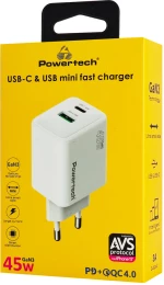 POWERTECH φορτιστής τοίχου PT-1551, USB/USB-C, 45W, GaN, AVS, λευκός