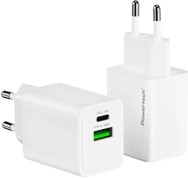 POWERTECH φορτιστής τοίχου PT-1551, USB/USB-C, 45W, GaN, AVS, λευκός