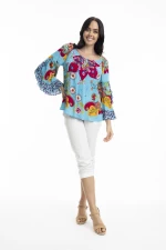 Μπλούζα Γυναικεία Off Shoulder με Prints Τιρκουάζ Orientique