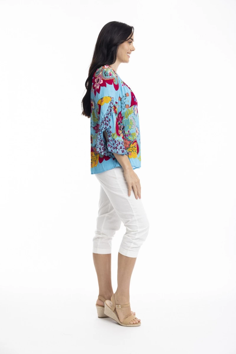 Μπλούζα Γυναικεία Off Shoulder με Prints Τιρκουάζ Orientique