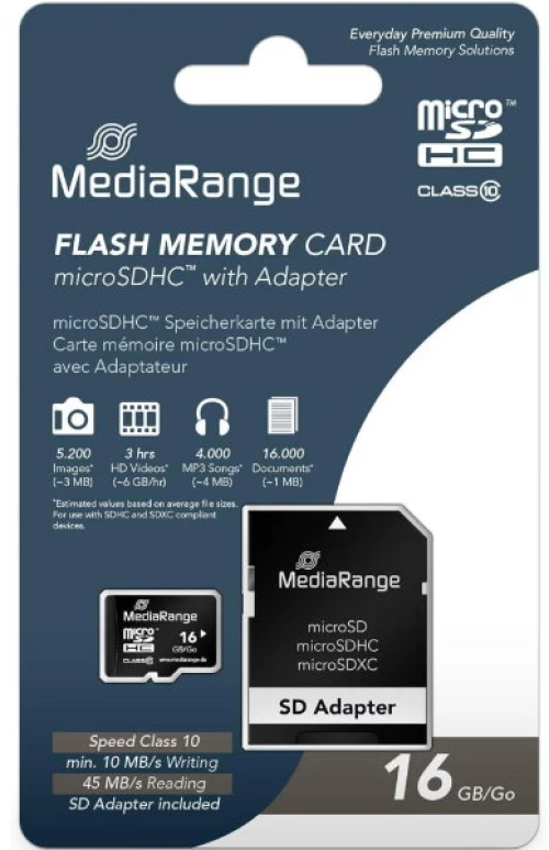 MEDIARANGE MR958 SDHC Micro SD με Προσαρμογέα Class 10 (16gb)