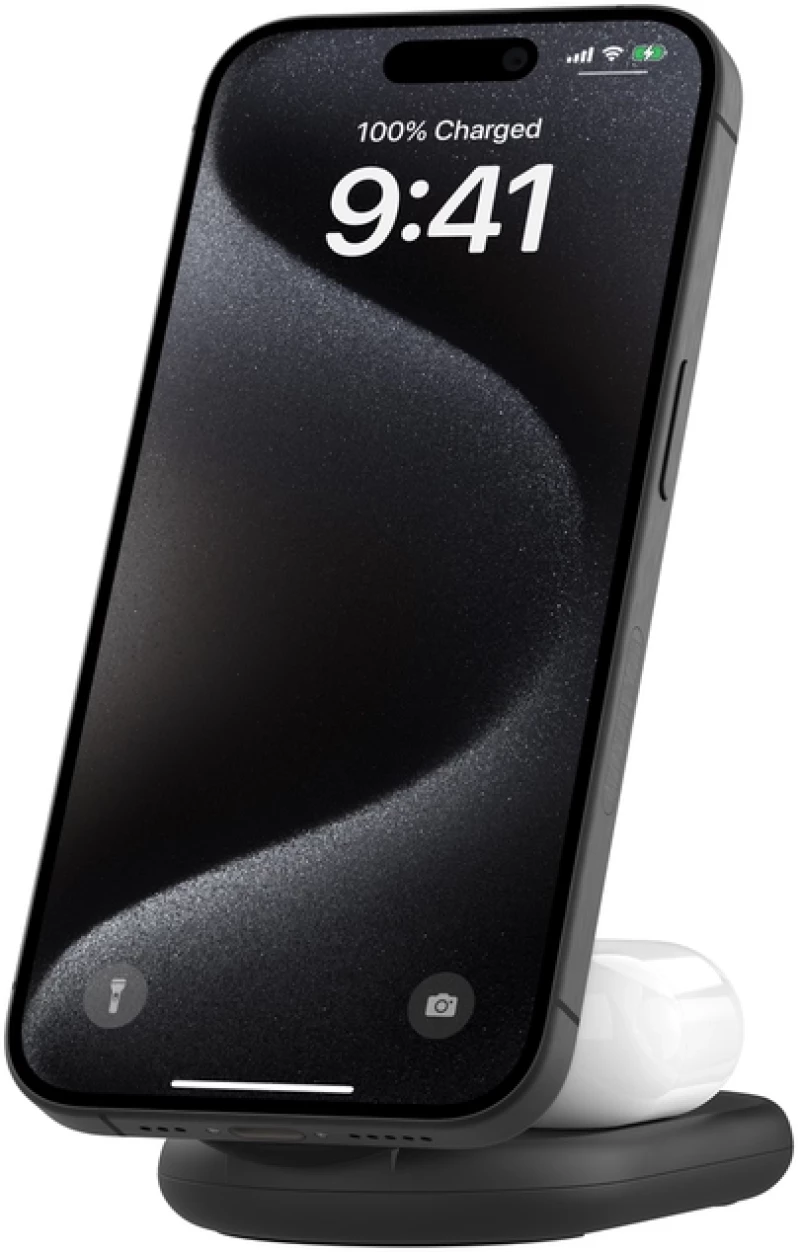 Belkin WIZ028VFBK BOOST^CHARGE™ 2-in-1 Qi2 15W Magnetic Foldable Wireless Charging Stand, Black