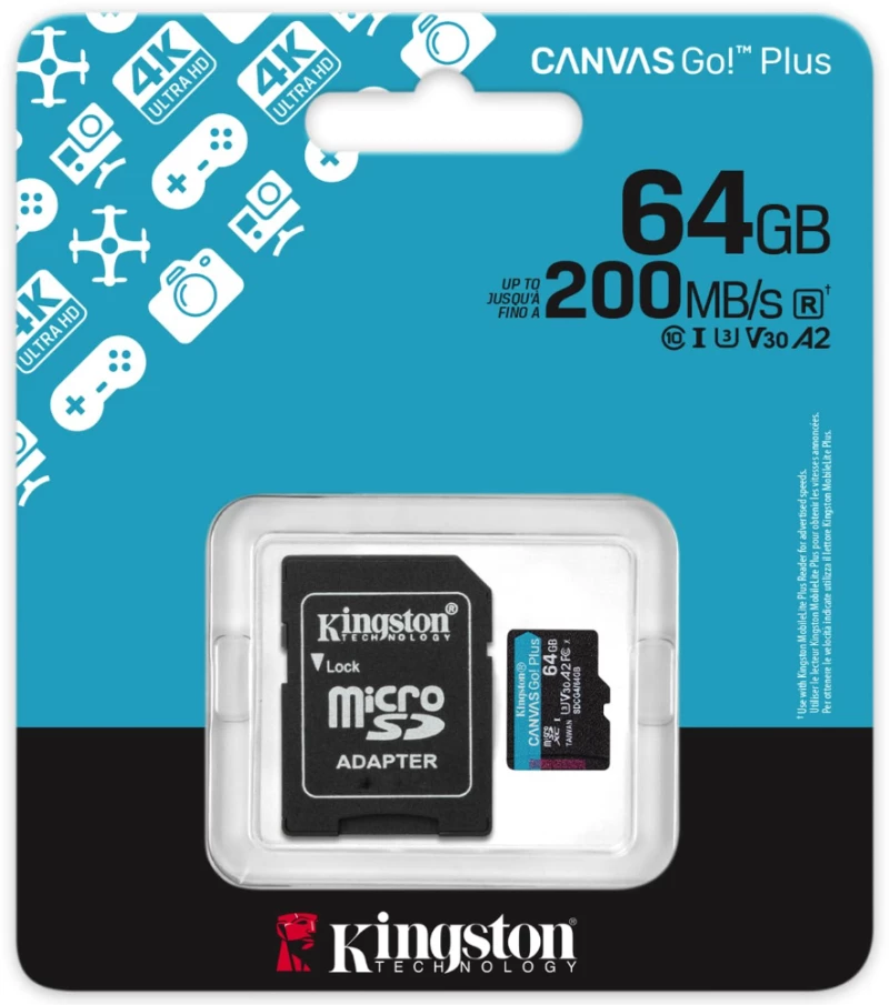 Κάρτα Μνήμης Kingston CanvasGo+ MicroSDXC 64GB Class 10 με SD Αντάπτορα εως 200Mb/s SDCG4/64GB