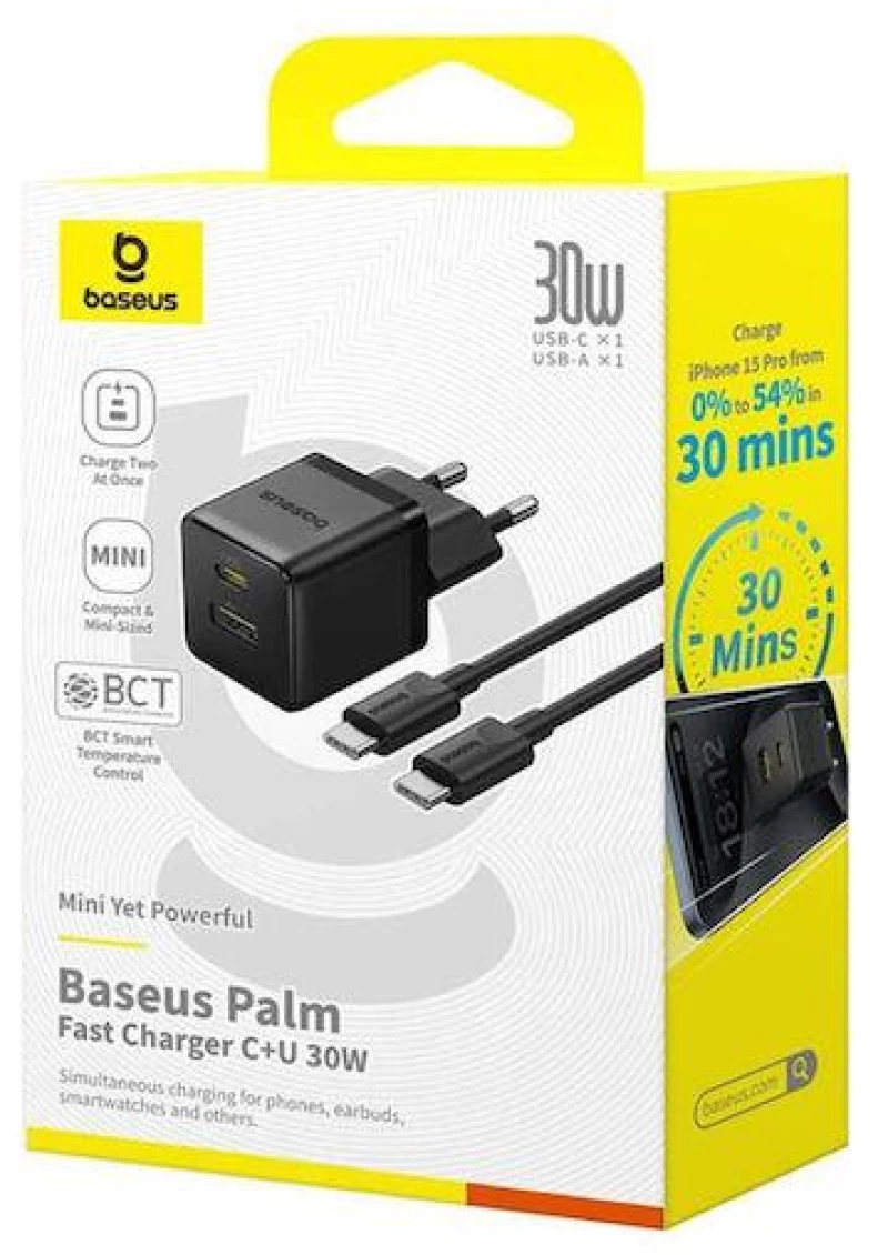 BASEUS PALM ΦΟΡΤΙΣΤΗΣ ΓΡΗΓΟΡΗΣ ΦΟΡΤΙΣΗΣ, 2 ΘΥΡΕΣ, ΜΕ ΚΑΛΩΔΙΟ TYPE-C ΣΕ TYPE-C, 30W, ΜΑΥΡΟΣ