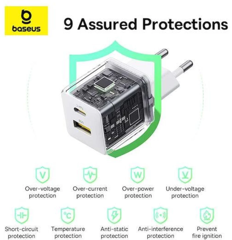 BASEUS PALM ΦΟΡΤΙΣΤΗΣ ΓΡΗΓΟΡΗΣ ΦΟΡΤΙΣΗΣ, 2 ΘΥΡΕΣ, 30W, ΛΕΥΚΟΣ