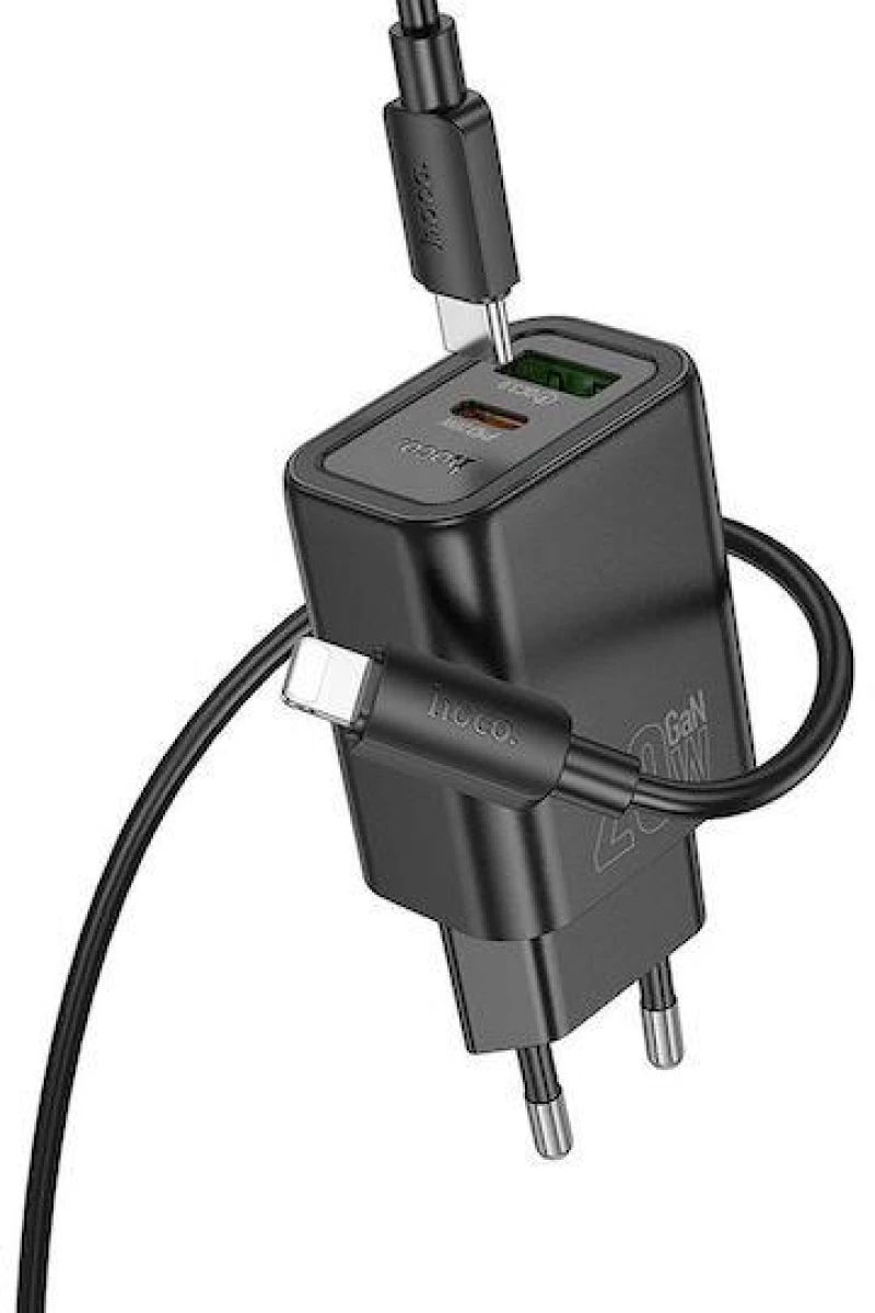 HOCO N61 GENTLE, ΣΕΤ ΦΟΡΤΙΣΗΣ, 2 ΘΥΡΕΣ, ΜΕ ΚΑΛΩΔΙΟ TYPE-C ΣΕ LIGHTNING, ΜΑΥΡΟ