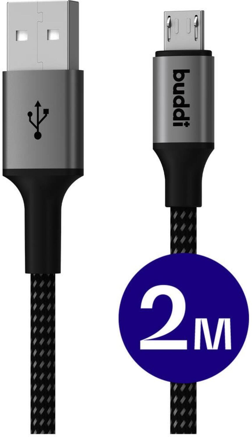 Καλώδιο Buddi Flex Φόρτισης και Μεταφοράς Δεδομένων USB-A σε MicroUSB 200cm 12W 5 Έτη Εγγύηση - Black (8719246467165)