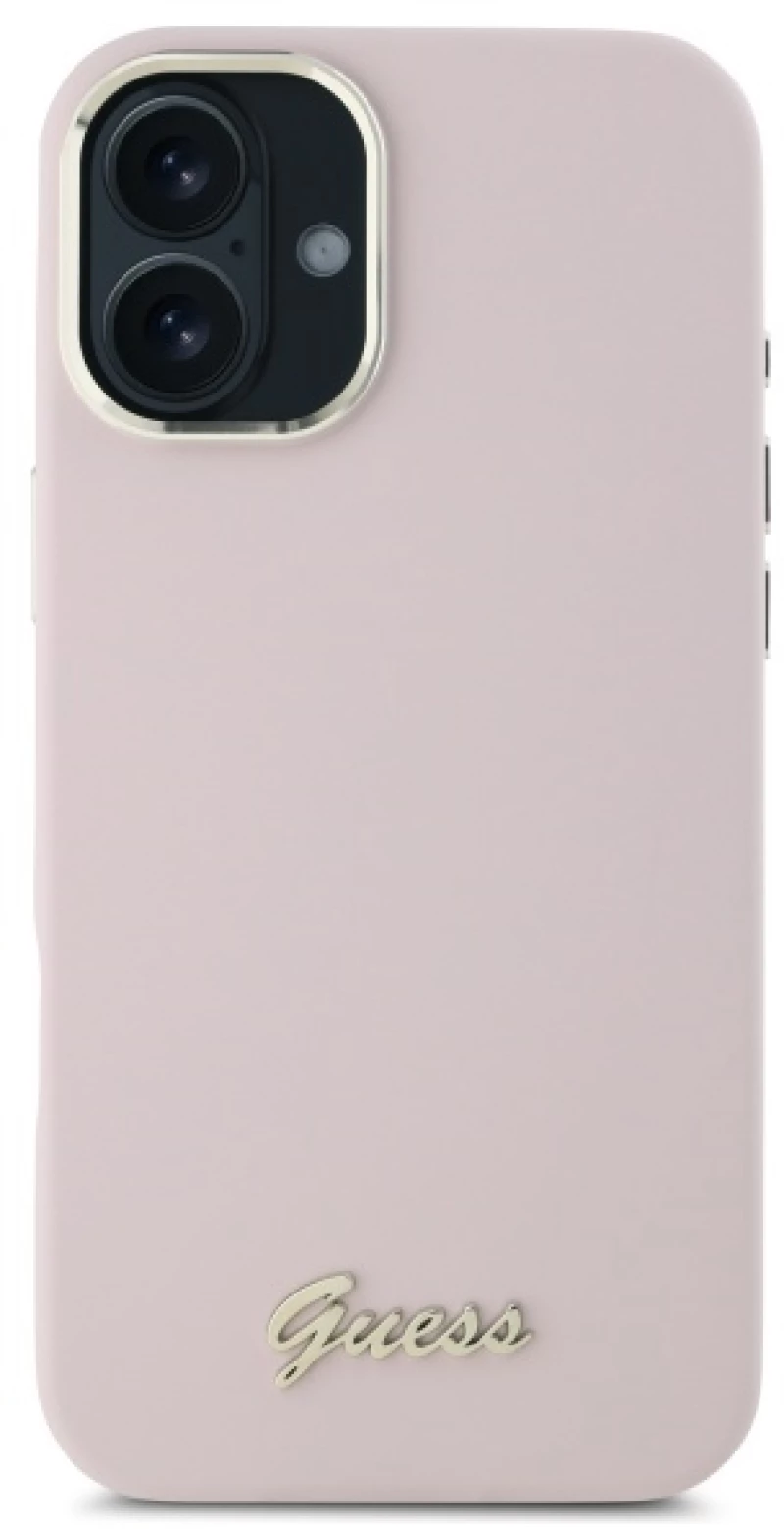Guess Silicone Script Metal Logo & Frame iPhone 16 Case - Pink