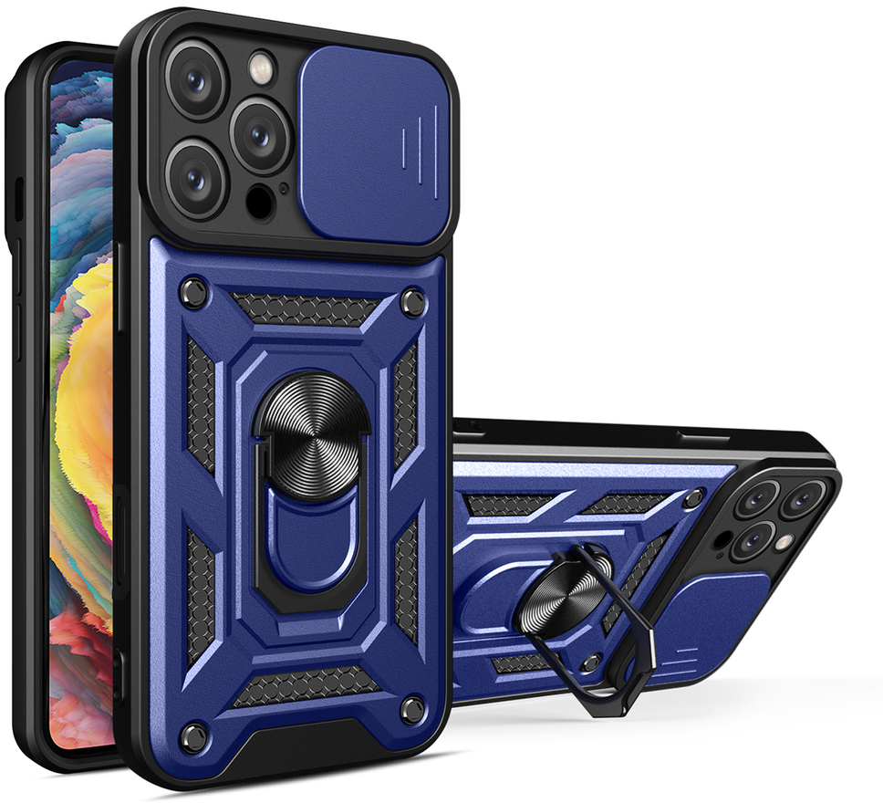 Hybrid Armor Camshield iPhone 16 Pro Max Armored Case with Camera Cover and Stand - Blue