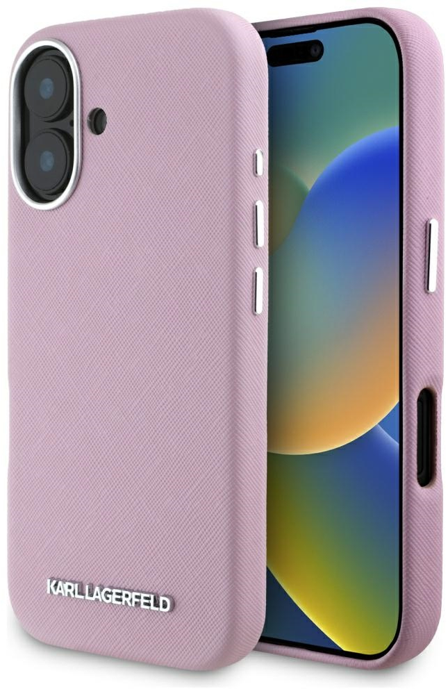 Karl Lagerfeld Saffiano Full Wrapped Elongated Metal Logo MagSafe iPhone 16 Case - Pink