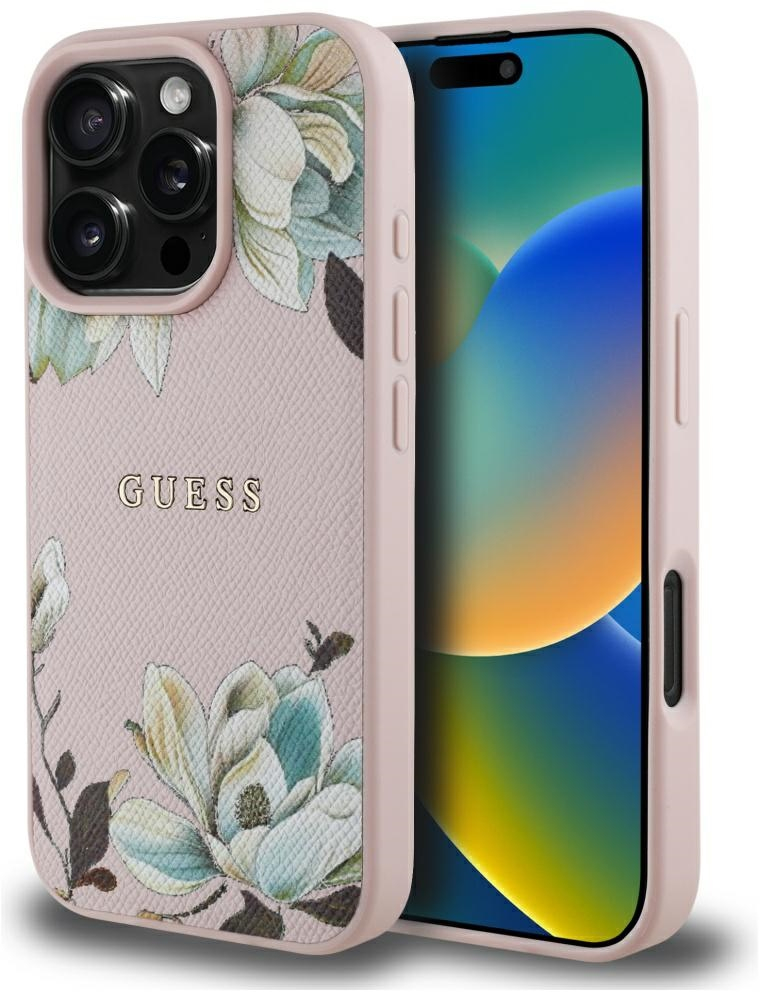 Guess Grained Printed Flower Pattern MagSafe Case for iPhone 16 Pro Pink