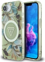 Guess IML Metal Glitter Flowers Triangle MagSafe iPhone 16e Case - Green