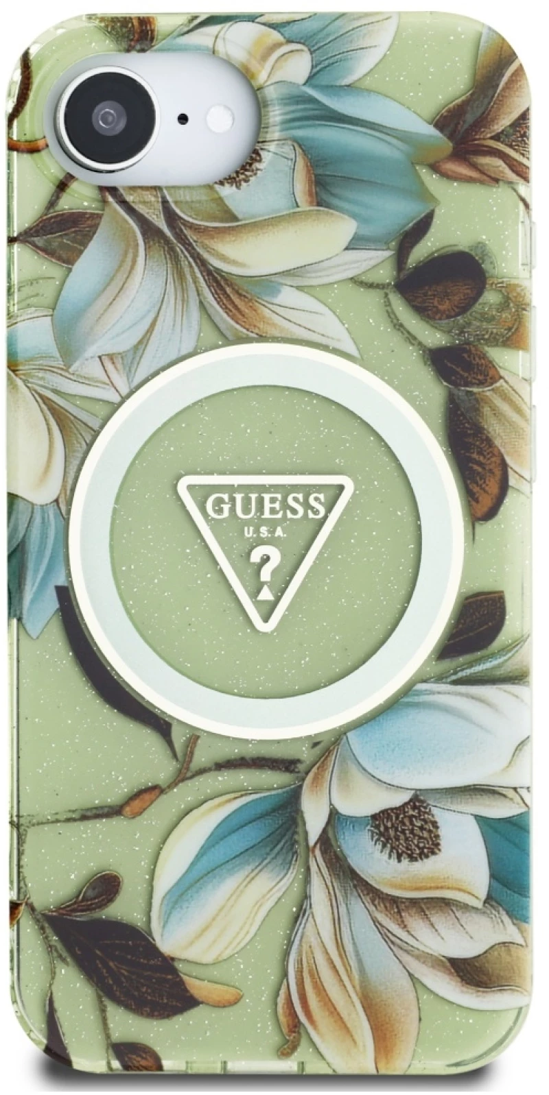 Guess IML Metal Glitter Flowers Triangle MagSafe iPhone 16e Case - Green