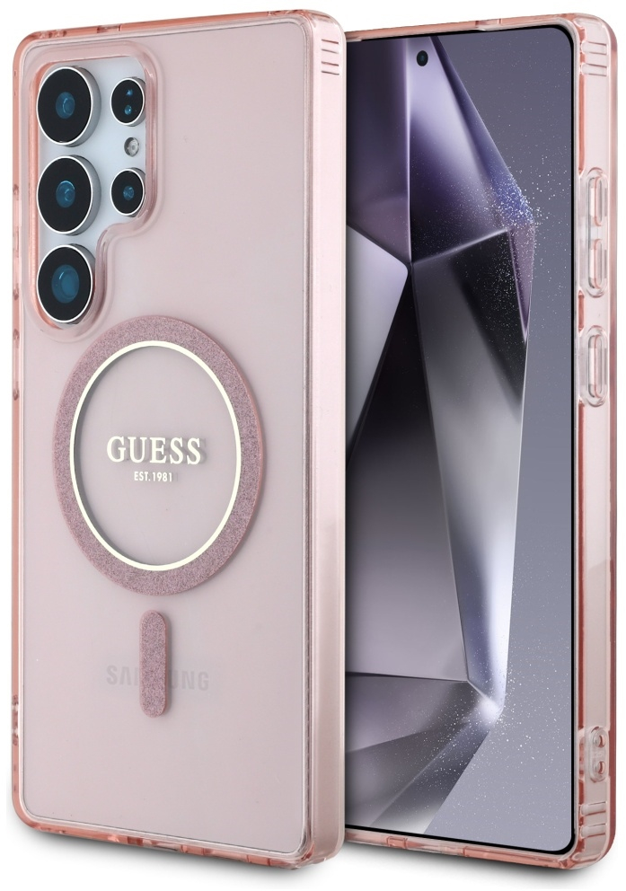 Guess Glitter Circle Classic Logo MagSafe Case for Samsung Galaxy S25 Ultra Pink