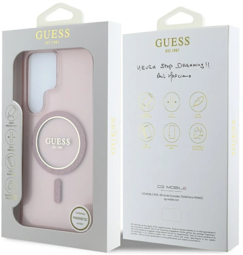 Guess Glitter Circle Classic Logo MagSafe Case for Samsung Galaxy S25 Ultra Pink