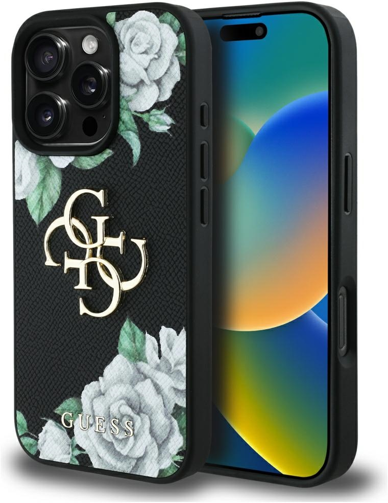 Guess Grained Roses Big 4G logo iPhone 16 Pro case - black