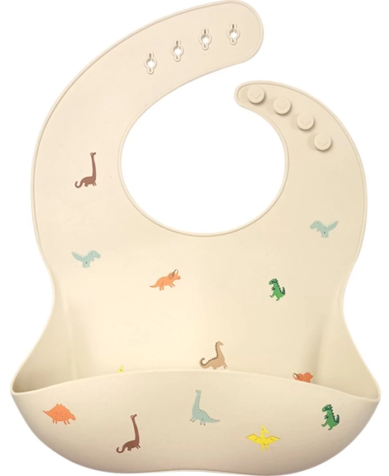 Beige, Dinosaurs, Σαλιάρα σιλικόνης 6m+ με θήκη περισυλλογής τροφίμων, Queen Mother