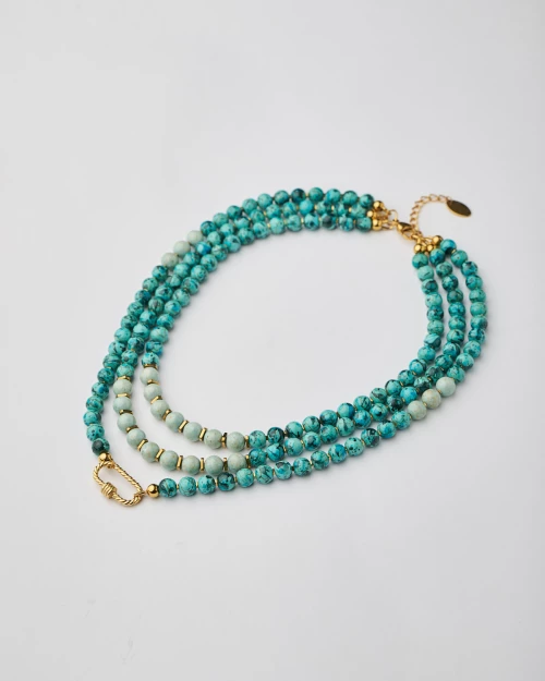 Marble Aquamarine Howlite Three Strand Necklace