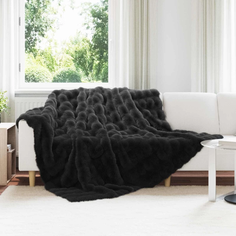 Ψεύτικη κουβέρτα από κουνέλι Μαύρο 220 x 240 cm Πολυεστέρας Μαύρο 42021835