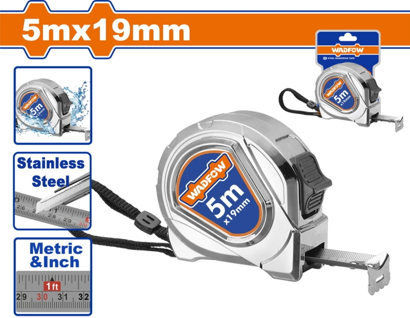 Μετροταινία μεταλλική 5m x 19mm ανοξείδωτη WADFOW WMT4420