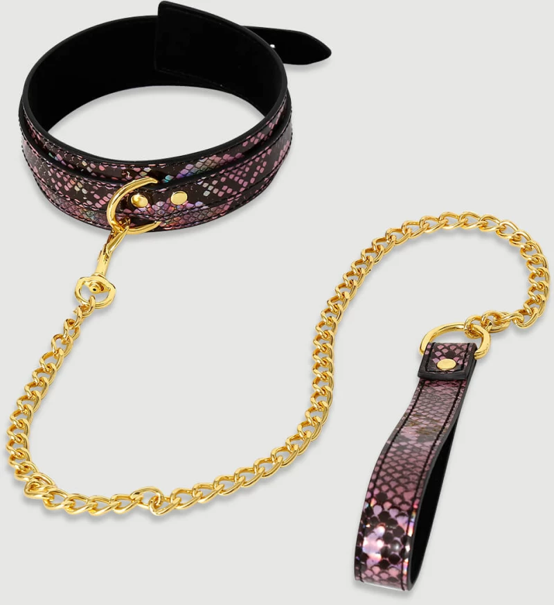Λαμπερό Κολάρο Με Λουρί & Snake Print Shiny Collar With Leash & Snake Print – Μαύρο/Ροζ