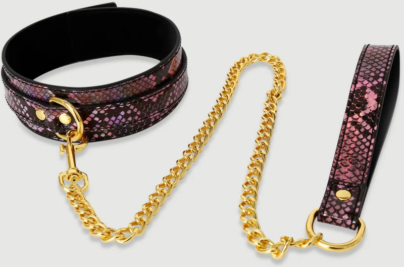 Λαμπερό Κολάρο Με Λουρί & Snake Print Shiny Collar With Leash & Snake Print – Μαύρο/Ροζ