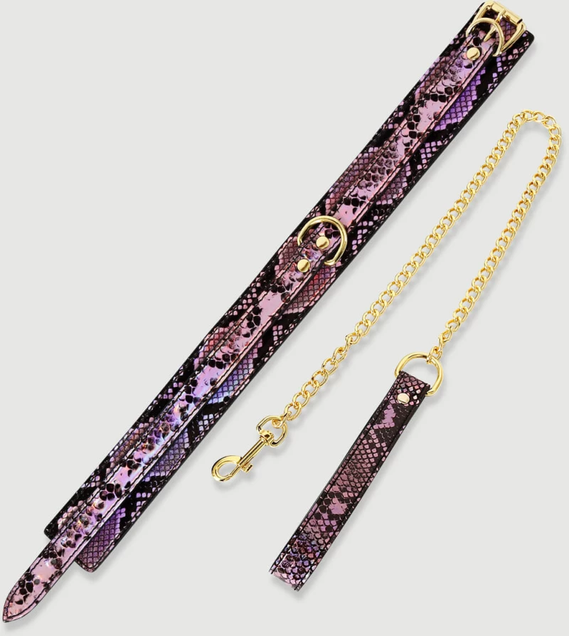 Λαμπερό Κολάρο Με Λουρί & Snake Print Shiny Collar With Leash & Snake Print – Μαύρο/Ροζ