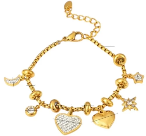 Ατσάλινο Χρυσό Βραχιόλι με Charms & Ζιργκόν – Glamorous Romance (B1701)