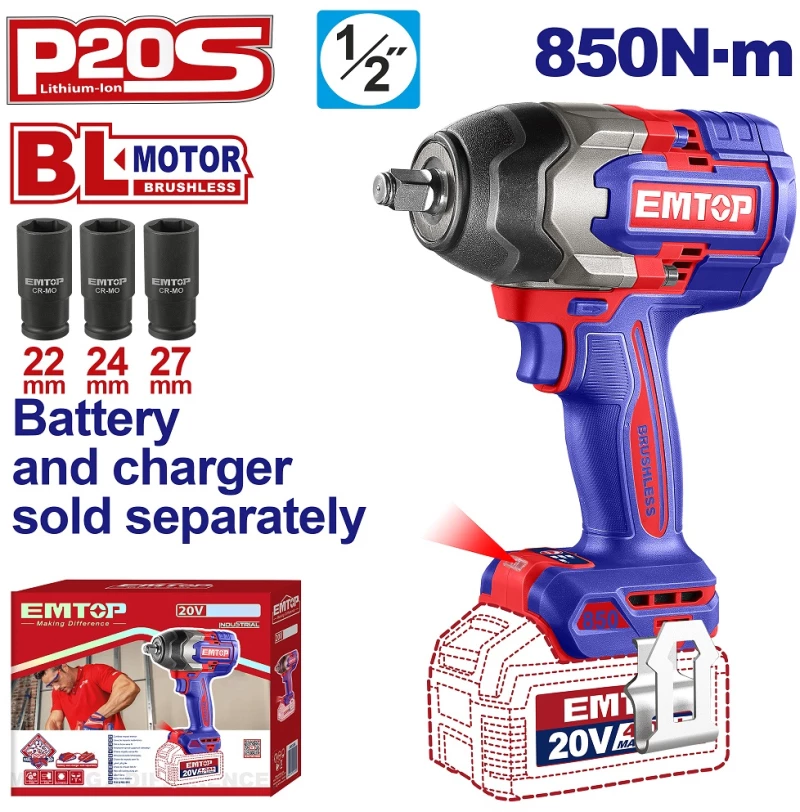 EMTOP BRUSHLESS ΜΠΟΥΛΟΝΟΚΛΕΙΔΟ ΜΠΑΤΑΡΙΑΣ 20V/850NM ECIWL20851
