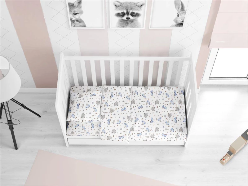 Σεντόνια Εμπριμέ Σετ 3 τεμ bebe Elephant 074 120X160 White-Sky Blue 100%  Cotton Flannel