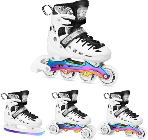 Αυξ/να Roller NH10905 4 ΣΕ 1 Inline Skates NILS EXTREME ΑΣΠΡΟ RAINBOW με LED Τροχούς-SMALL(31-34)