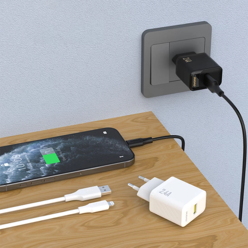 Dudao A23LEU 2.4A GaN EU USB-A Wall Charger with USB-A to Lightning Cable - White
