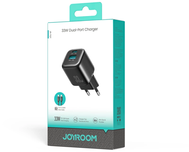Joyroom JR-TG7 33W USB-A + USB-C Wall Charger with 60W USB-C to USB-C 1m Cable - Black
