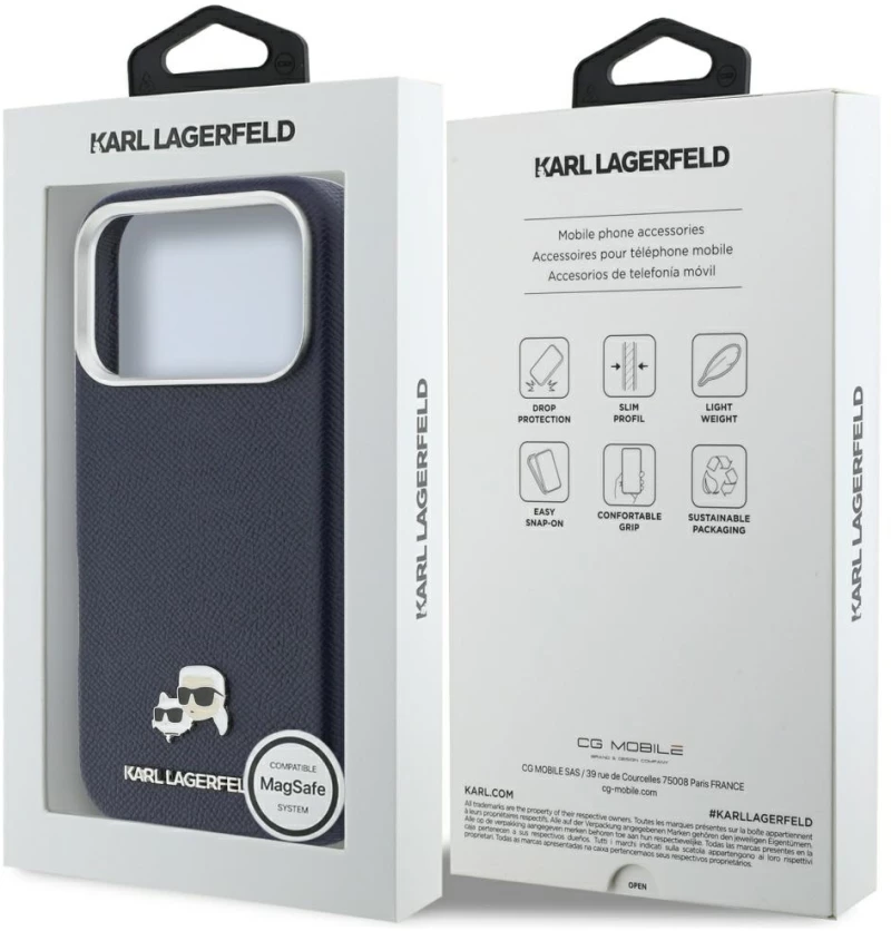 Karl Lagerfeld Karl & Choupette Head Pins Saffiano MagSafe Case for iPhone 17 Pro Max - Blue