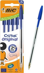 BIC στυλό διαρκείας ballpoint Cristal Original, 1mm μύτη, μπλε, 5τμχ