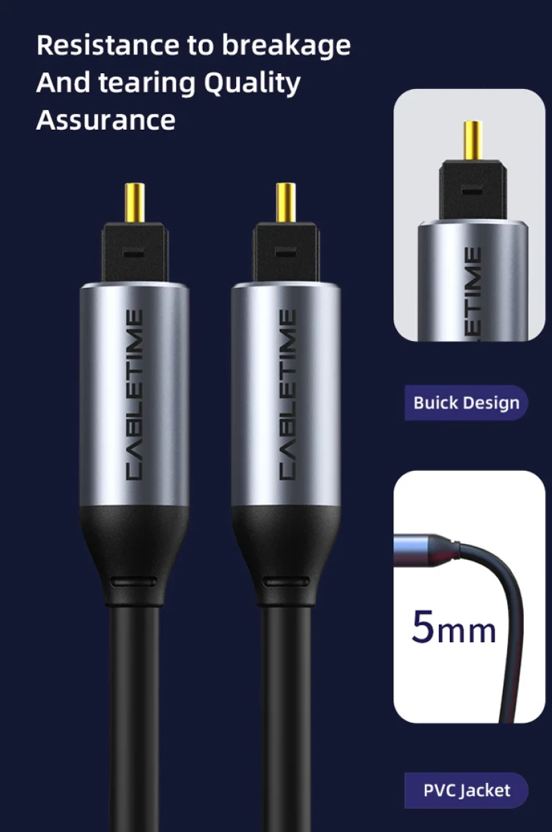 CABLETIME καλώδιο ήχου Toslink CT-AV380-P04GN, gold plated, 5mm, 5m, μαύρο