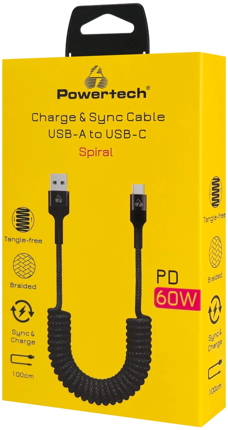 POWERTECH καλώδιο USB-C σε USB PTR-0197 με spiral καλώδιο, PD 60W, 480Mbps, 1m, μαύρο