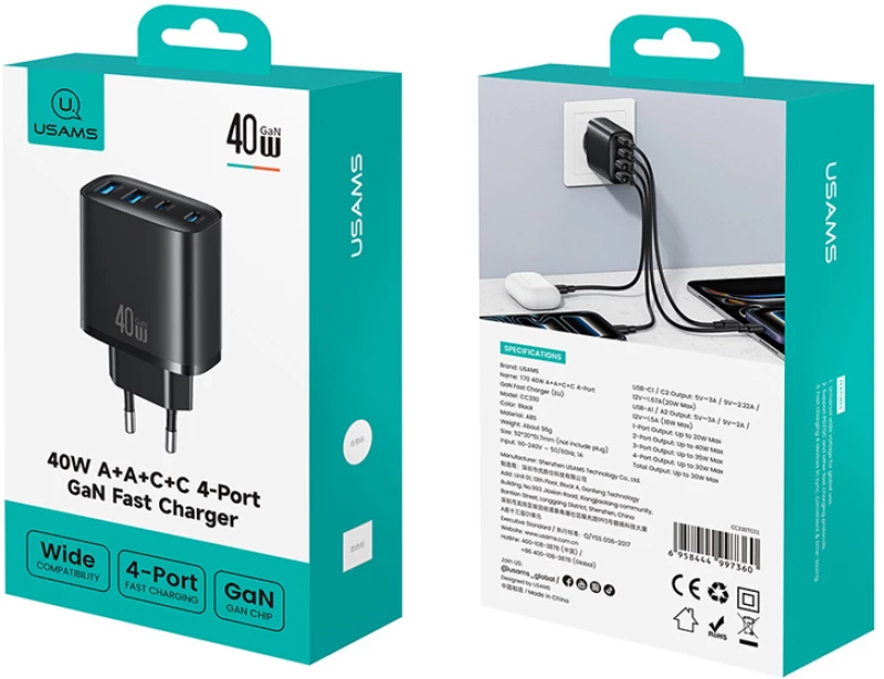 USAMS φορτιστής τοίχου CC330, 2x USB & 2x USB-C, 40W, GaN, μαύρος
