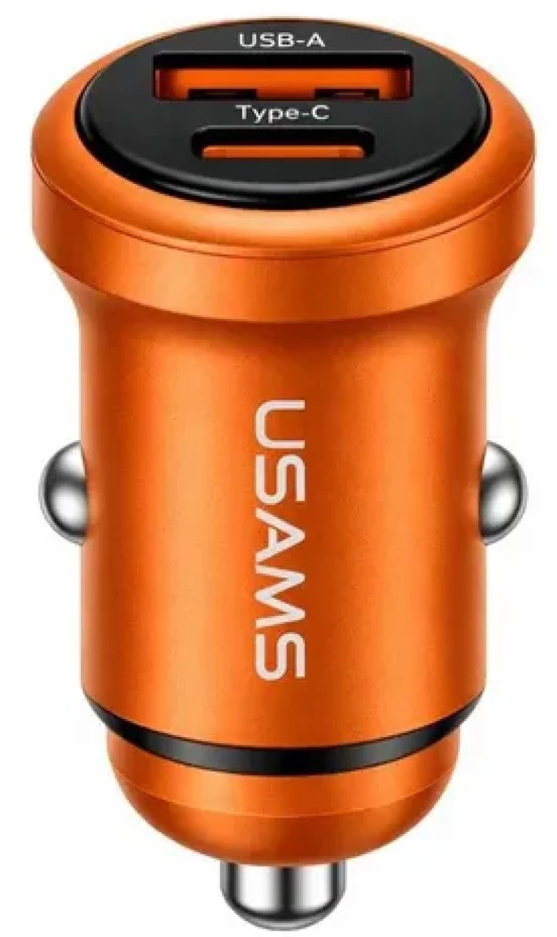 USAMS φορτιστής αυτοκινήτου CC322, USB & USB-C, 30W, πορτοκαλί