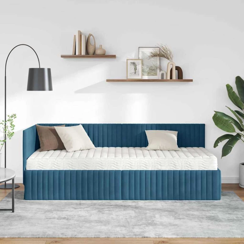 vidaXL Κρεβάτι γωνίας με στρώμα με κεφαλάρι 2 pcs Μπλε Βελούδο