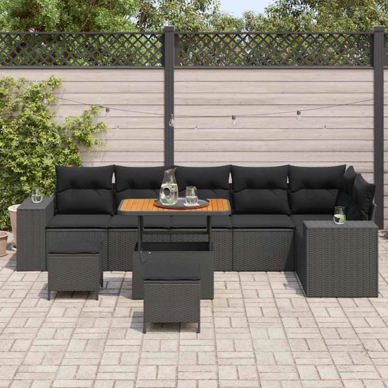 vidaXL Σετ Καναπέ Κήπου με μαξιλάρι 9 pcs Μαύρο συνθετικό ρατάν