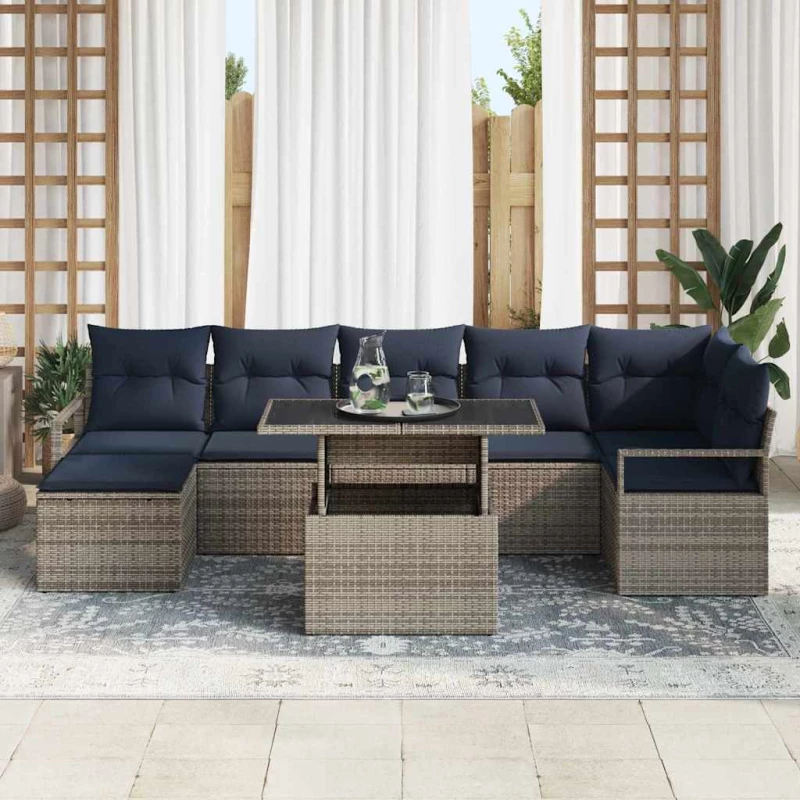 vidaXL Σετ Καναπέ Κήπου 8 pcs Γκρι και Navy Blue συνθετικό ρατάν